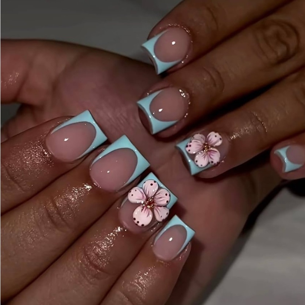 Floral Blue French Tip Nails